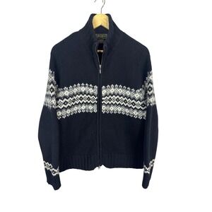 Eddie Bauer Mens XL Lambswool Angora Fair Isle Full Zip Sweater Navy Blue Mock